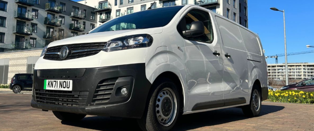 White Vauxhall Vivaro-e at angle from front