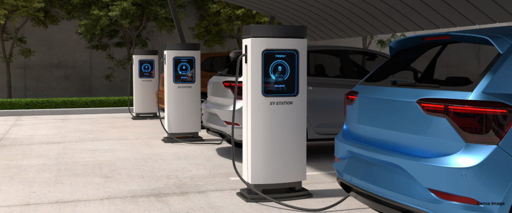 Blue car charging on Public charge points